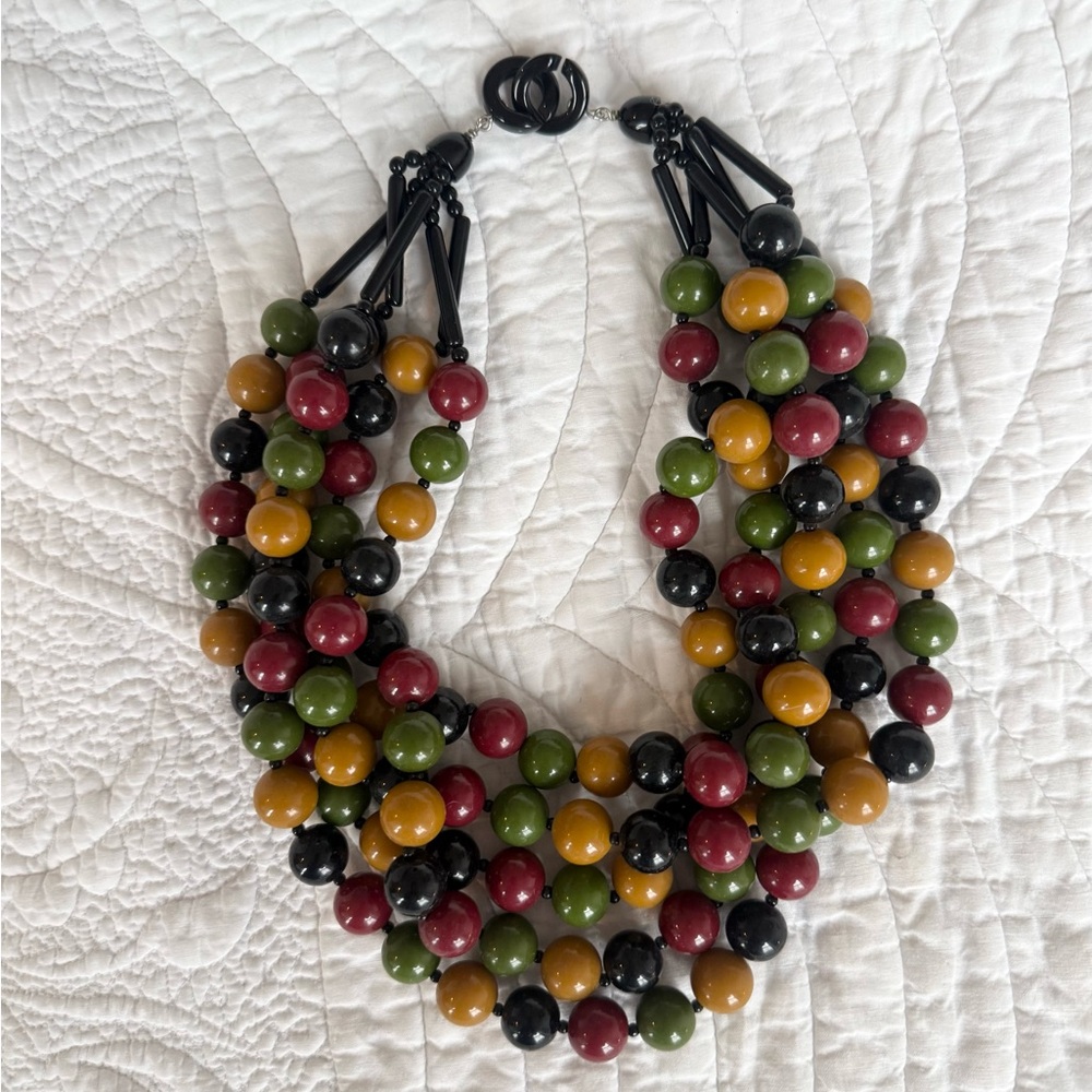 Vintage Angela Caputi - Multistrand Necklace in Olive, Mustard, Burgundy, Black